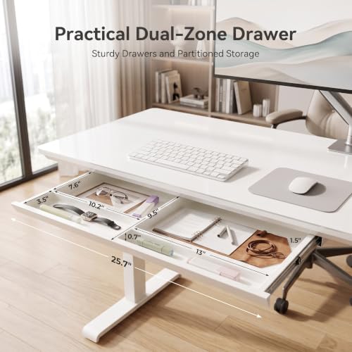 Image of YDN 55 x 24 Inches Wireless Charging Glass Standing Desk with Drawer | Tempered Glass Top, Adjustable Height
