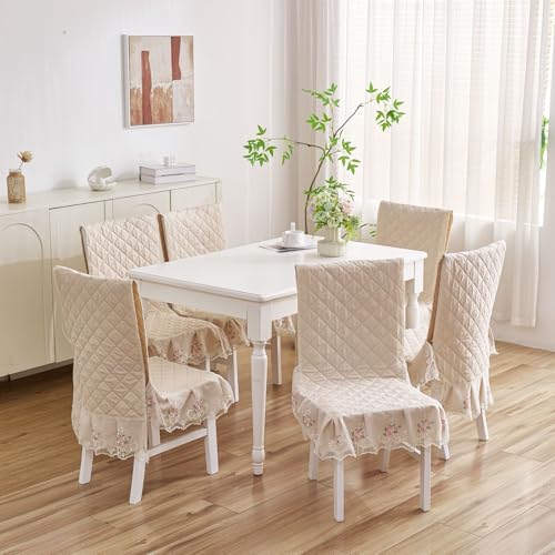 Image of HOMETHREADS Vintage Dining Chair Protector Cover, Quilted Cotton with Lace Frills, Easy Slip-On Design, Protects Seat & Backrest While Keeping Chair Visible, Washable & Reusable, Beige (Pack of 6)