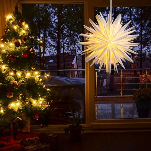 Image of 3D LED Star Paper Lantern - Christmas Decorations Indoor, Twinkle Fairy Lights Window Decor, Holiday Party Hanging Lighted Stars Ornaments, 23.5 inch O White