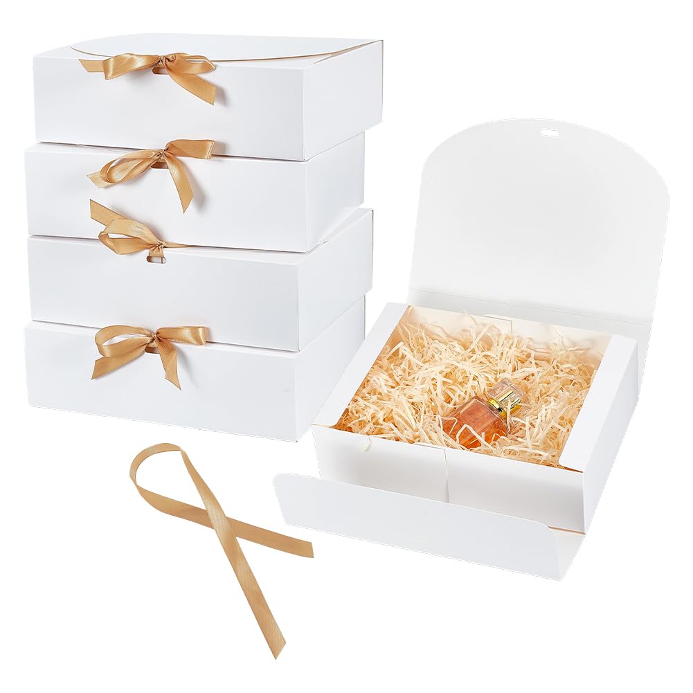 NBEADS 20 Sets Gift Boxes with Lids, 27x20x8cm Paper Gift Boxes with Ribbons Large Foldable Rectangle Bridesmaid Proposal Boxes for Presents Wedding Birthday Party, White