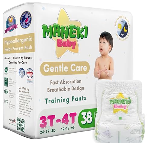 Image of Maneki Baby Hypoallergenic Potty Training Pants 3T-4T, 38 Count (26-37 lbs), Pull-On Diaper Pants & Training Underwear, Soft, Unscented & High Absorbency for Overnight & Daily Use (Pack May Vary)