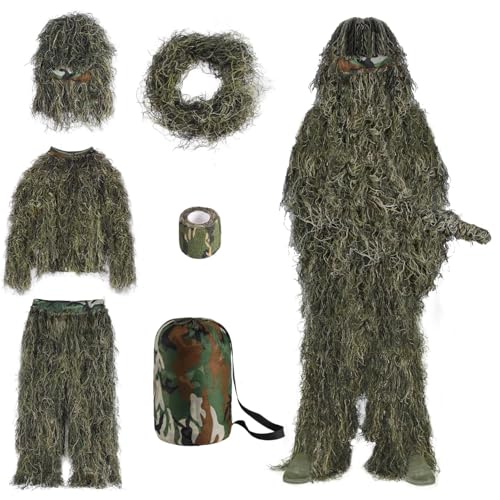 Slendor 6 in 1 Ghillie Suit, 3D Camouflage Hunting Apparel Camo Hunting Clothes, Bushman Costume Suitable for Unisex Adults/Youth (S/M/L/XL/XXL)