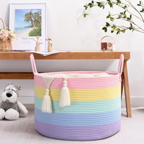 Image of 67L Large Rainbow Blanket Basket, Cotton Rope Baby Laundry Hamper with Handles, Kids Toy Basket for Classroom & Nursery, Soft Round Stuffed Animal Storage, Dog Toy Bin - 20 inchx13 inch, Light Rainbow