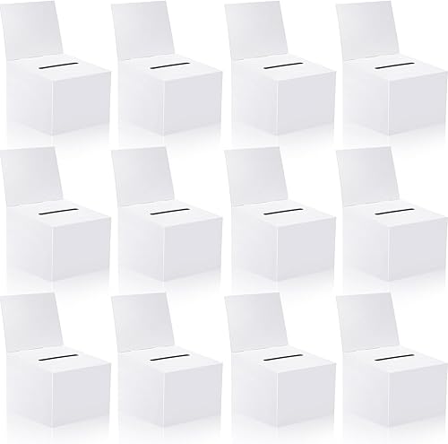 Paquete de 12 cajas de sugerencias para rifas con ranura, cajas de cartón de 6.5 x 4.5 x 4.5 pulgadas con ranura para boletos y cabecera extraíble