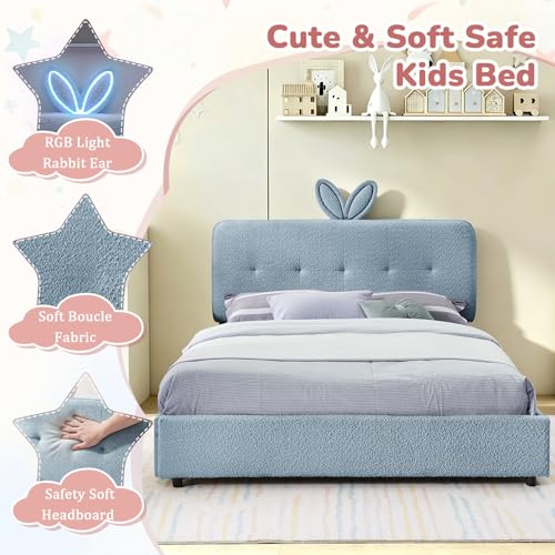 Image of Full Led Bed Frame with 4 Storage Drawer, Upholstered Platform Floor Bed with Rabbit Ear Headboard Daybed Strong Wooden Slats No Box Spring Needed for Kids Girls Boys, Blue