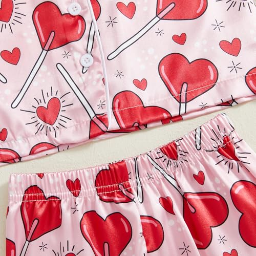 DuAnyozu Toddler Baby Girl Satin Valentines Pajamas Set Feather Trim Heart Print Little Girl Valentines Pjs Spring Clothes4