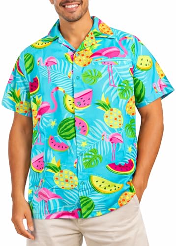 King Kameha Funky Camisa-havaiana homem manga curta-bolso com fenda elegante festa frutas flamingos unissexo, L