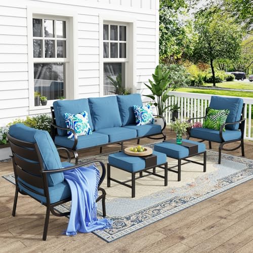 MFSTUDIO-5-Pieces-Patio-Conversation-Sets-7-Seats-Metal-Patio-Furniture-Sets-with-1-x-3-Seat-Sofa-2-x-Sofa-Chairs-2-x-Ottoman-All-Weather-Steel-Patio-Sets-with-575inch-Navy-Cushion-for-Garden