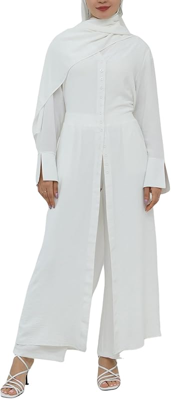 Womens Muslim 2 Pieces Sets Long Sleeve Button Down Shirt and Pants Eid Ramadan Abaya Casual Dress Dubai Outfits