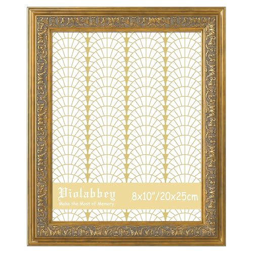 Image of VIOLABBEY 8x10 Picture Frame Gold, Vintage Frames Ornate without Mat | Antique Photo Frame, Wall Hanging or Tabletop Display, HD Plexiglass, Wall Decor
