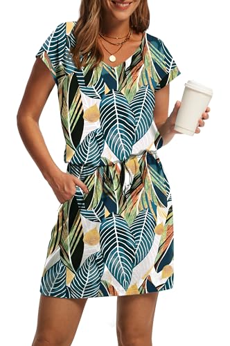 Image of OFEEFAN Summer Dresses for Women 2026 V Neck T Shirt Casual Mini Dresses Tie Waist Sundresses with Pockets