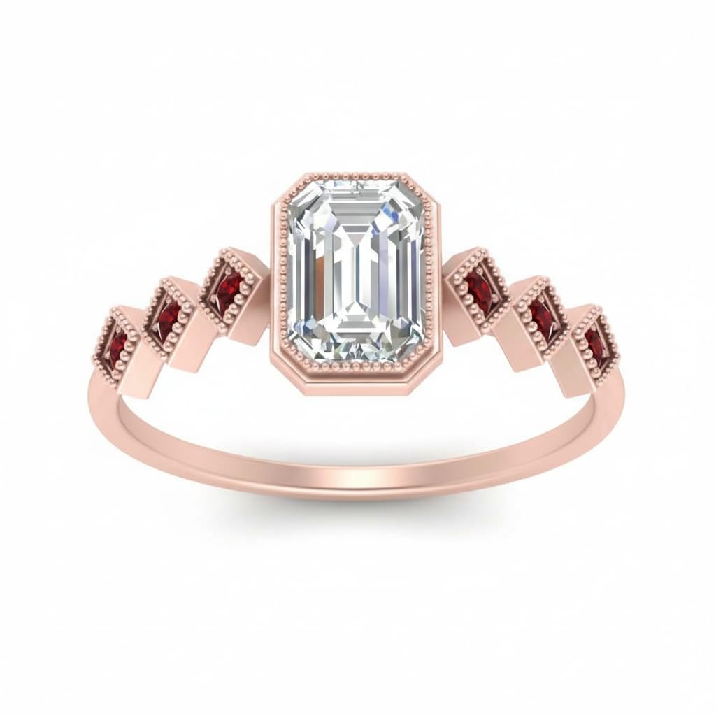 Choose Your Gemstone Bezel Set Emerald Accented Diamond CZ Ring Rose Gold Plated Emerald Shape Side Stone Engagement Rings for Women, Girls and Ladies US Size 4 to 12