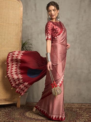 Image of AKHILAM Women's Pure Crepe Striped Printed Saree With Unstitched Blouse Piece