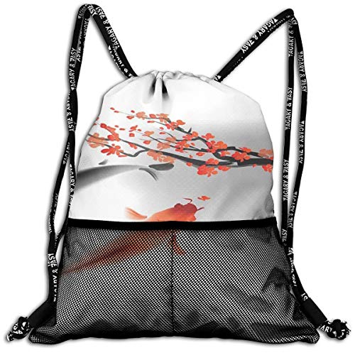 AZXGGV Drawstring Backpack Rucksack Shoulder Bags Gym Bag Sport Bag，Koi Carp Fish Couple Swimming with Cherry Blossom Sakura Branch Culture Design Picture
