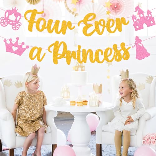 Image of Four Ever A Princess Banner Beautiful Princess Girl 4th Birthday Party Decorations Our Little Princess 4 Years Old Birthday Party Supplies