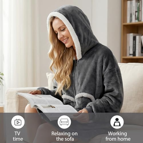 Image of Oversized Wearab Blanket Hoodie, Cozy Flannel Blanket with Sleeves and Zipper for Women, Mens, Teens