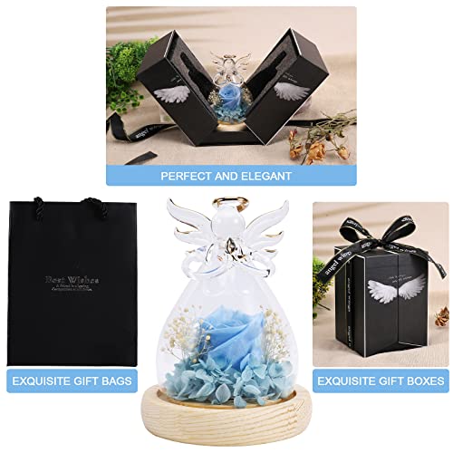 Blue Artificial Flower Rose Gift, Light Up Rose Flower In Glass Angel Figurines, Women Gifts Ideas For Valentine's Day, Mother's Day, Thanksgiving Day, Birthday, Anniversary On Any Occasion (Blue) #TOP5