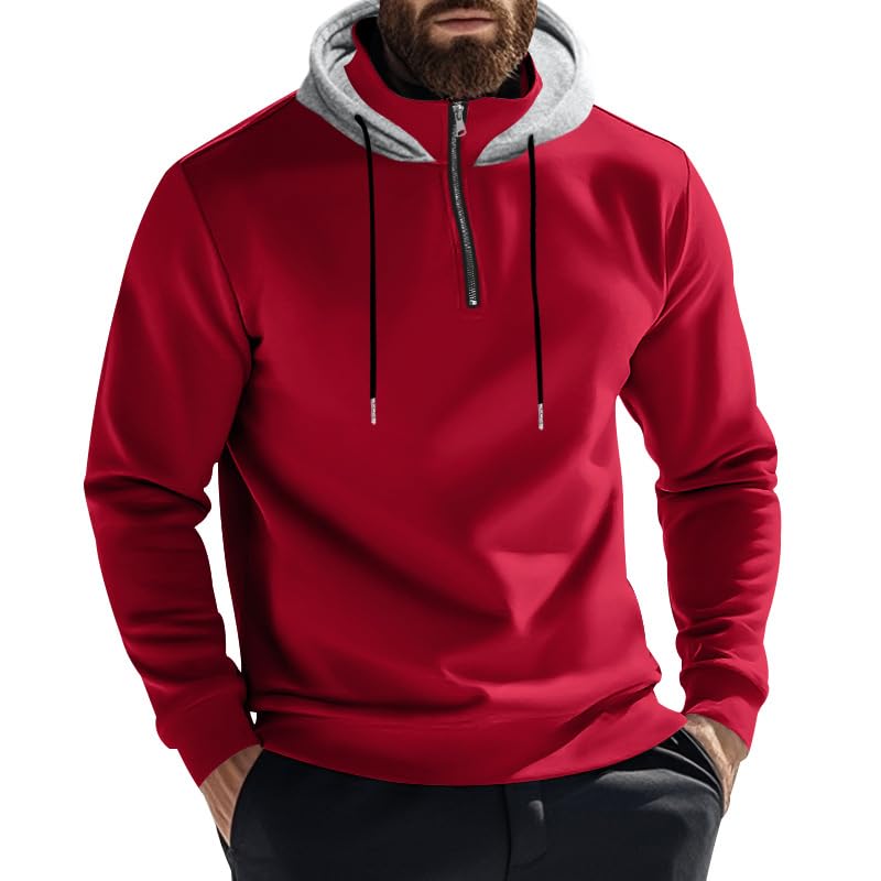 Wankang Men Velvet Quarter Zip Hoodies Pullover Sherpa Fleece Hooded Sweatshirt Outdoor Warm Pullover Trend Drawstring Hoodie