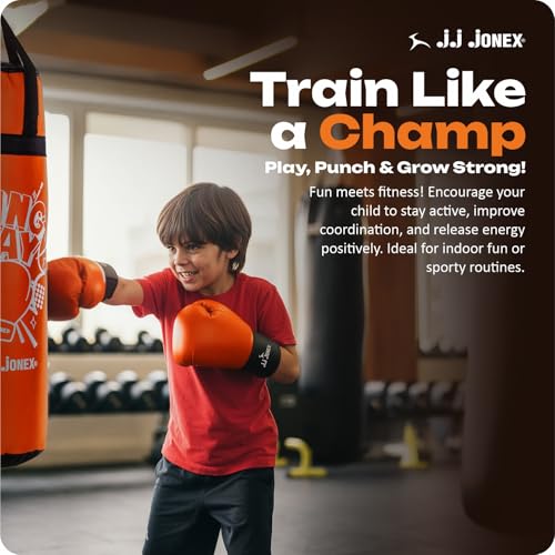 Image of JJ Jonex Sports Kids Boxing Punching Bag Set - Heavy Boxing Bag, Gloves, MMA, Home Gym & Martial Arts Training Equipment | for Boys & Girls for Age 3 4 5 6 7 8 Years |Orange Color |