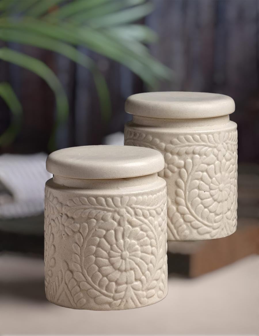 Creative Ceramic Handcrafted Handpainted Multi Utility Storage Jar with Lid 1000 ml | Ceramic Kitchen Canister | Cookie Jar | Pickle Storage Jar | Burni (Pack of 2) Colour Off White