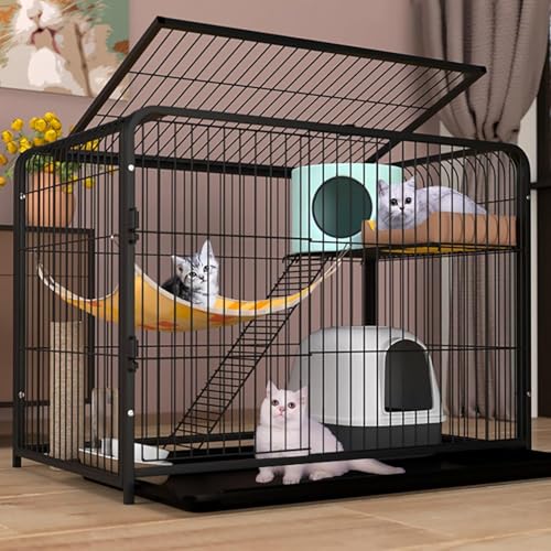 猫のケージ屋内、猫の囲い、金属ワイヤー犬小屋、猫のハンモック、トレイ、ごみ箱、1-2猫、フェレット、チンチラ用のごみ箱、ウサギ、子犬、小動物(色:黒、サイズ:92*58*66cm/36*23*2 FANDIAO