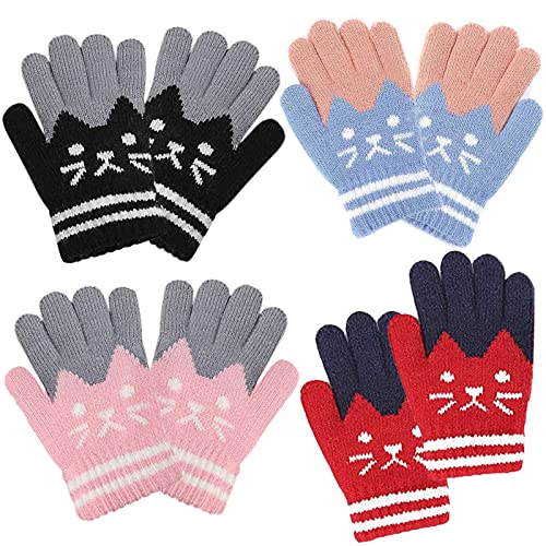 WideSmart 4 Paar Kinderhandschuhe, Winter Warme Strickhandschuhe Baby Cartoon Fausthandschuh Stretch Vollfinger Handschuhe Warme Handschuhe Wollhandschuhe Doppelt Strickhandschuh mit Plüsch Cover