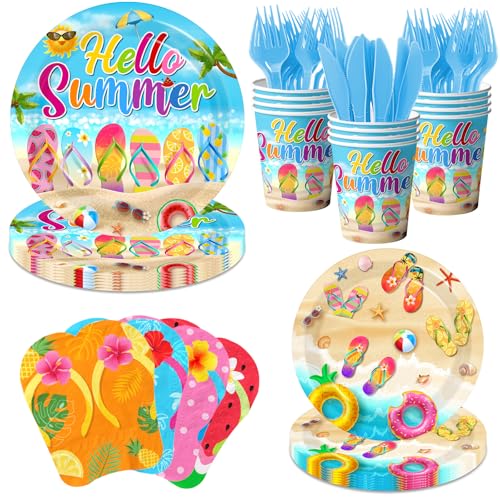Beach Plates and Napkins Sets Beach Party Supplies Flip-Flops Summer Plates and Napkins with Cups Forks and Knives Hawaiian Luau Tableware Tropical Party Supplies for Birthday Baby Shower Serve 24