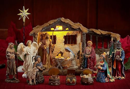 Three Kings Gifts Nativity Set for Christmas Indoor 23 Piece 5 Inch Figures with Lighted Stable, Palm Tree and Chests of Gold, Frankincense and Myrrh
