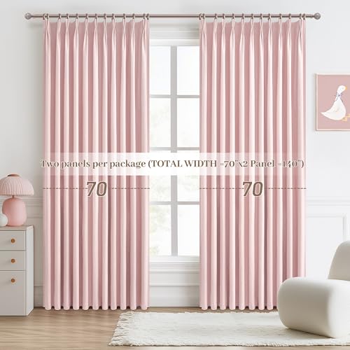 Image of Baby Pink Extra Wide Curtains 70 Inches Wide for Grils Bedroom 2 Panels Set, Heavy Duty Pinch Pleated 84 Inch Long Linen Blackout Sliding Door Window Curtains Thermal Privacy Drapes(70 inchWx84 inch Lx2)