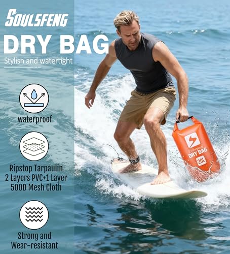 Image of Soulsfeng Waterproof Dry Bag Backpack, Roll Top Floating Dry Storage Bag with Phone Case, Lightweight Dry Sack for Kayaking, Boating, Beach, Travel, Camping 20L, Orange