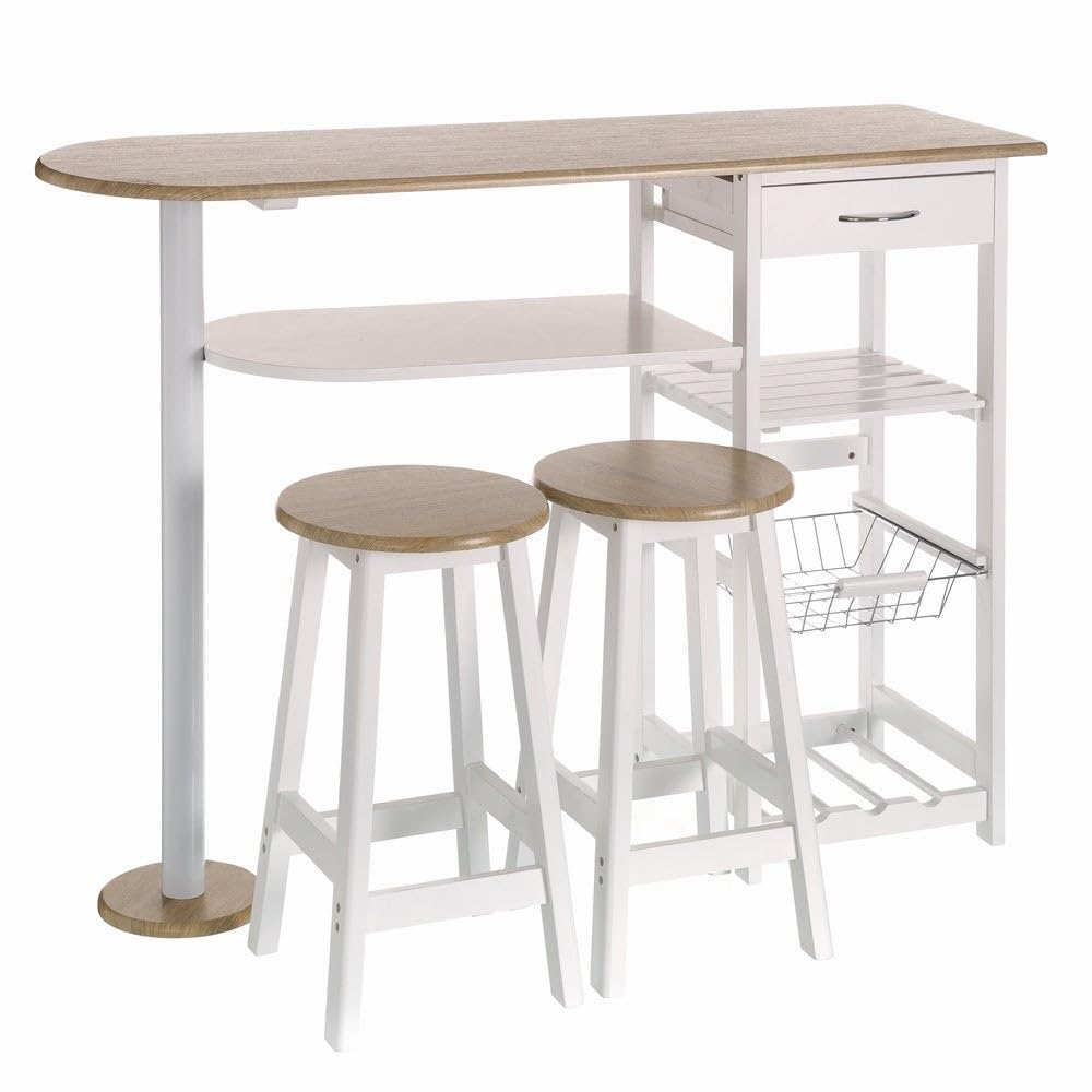 LOLAhome Conjunto de Mesa Barra y 2 taburetes con 1 cajón, 2 estantes, Cesta extraíble y botellero para Cocina de MDF Blanco y Natural