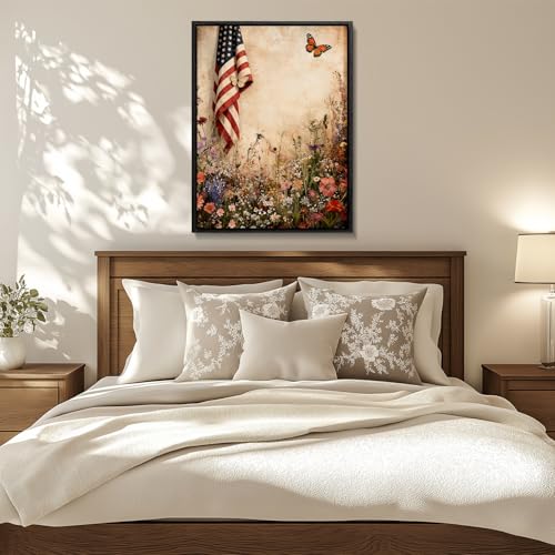 Image of American Flag Framed Canvas Wall Art, 4th of July Canvas Prints, Wildflower Field with Butterfly Patriotic Decorations, Rustic Farmhouse Independence Day Wall Decor for Bedroom Living Room 8x10