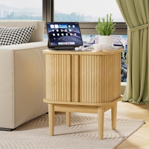 Image of Furniway Mid Century Nightstands Set of 2, Fluted Bedside Tables with Sliding Door Storage, Wooden End Tables with Solid Wood Legs for Bedroom, Natural