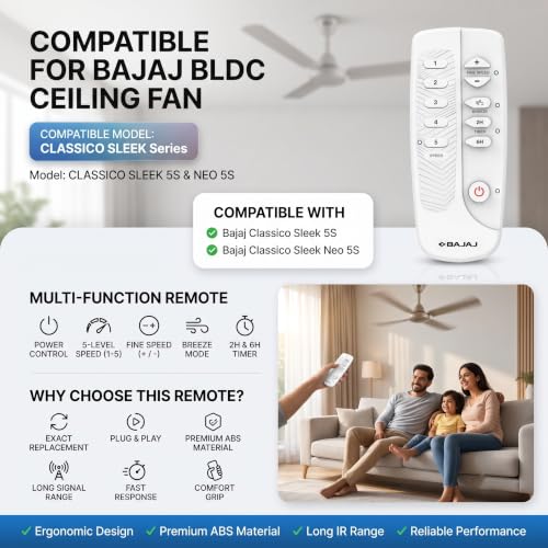 Image of K2 Remotes Compatible for Bajaj Classico Sleek 5S & 5S Neo BLDC Ceiling Fan Remote - Replacement Remote with Speed Control | Exact Match Required