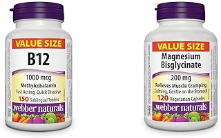 Webber Naturals Vitamin B12 1000 mcg, Quick Dissolve, 150 Tablets, Supports Energy Production & Magnesium Bisglycinate 200 mg, 120 Capsules, Supports Bone and Muscle Functions
