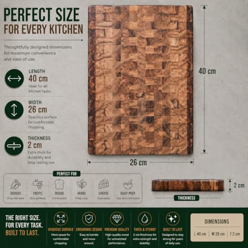 Image of Handcrafted Wooden Chopping Board for Kitchen | Cutting Board & Serving Platter | Food Safe Wooden Board for Vegetables, Fruits, Cheese & Bread | Multiple Designs (End Grain Block, Sheesham Wood)