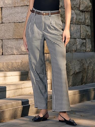 Vinova Womens Wide Straight Leg Pants Summer Plaid Pleated High Waisted Casual Work Pants2