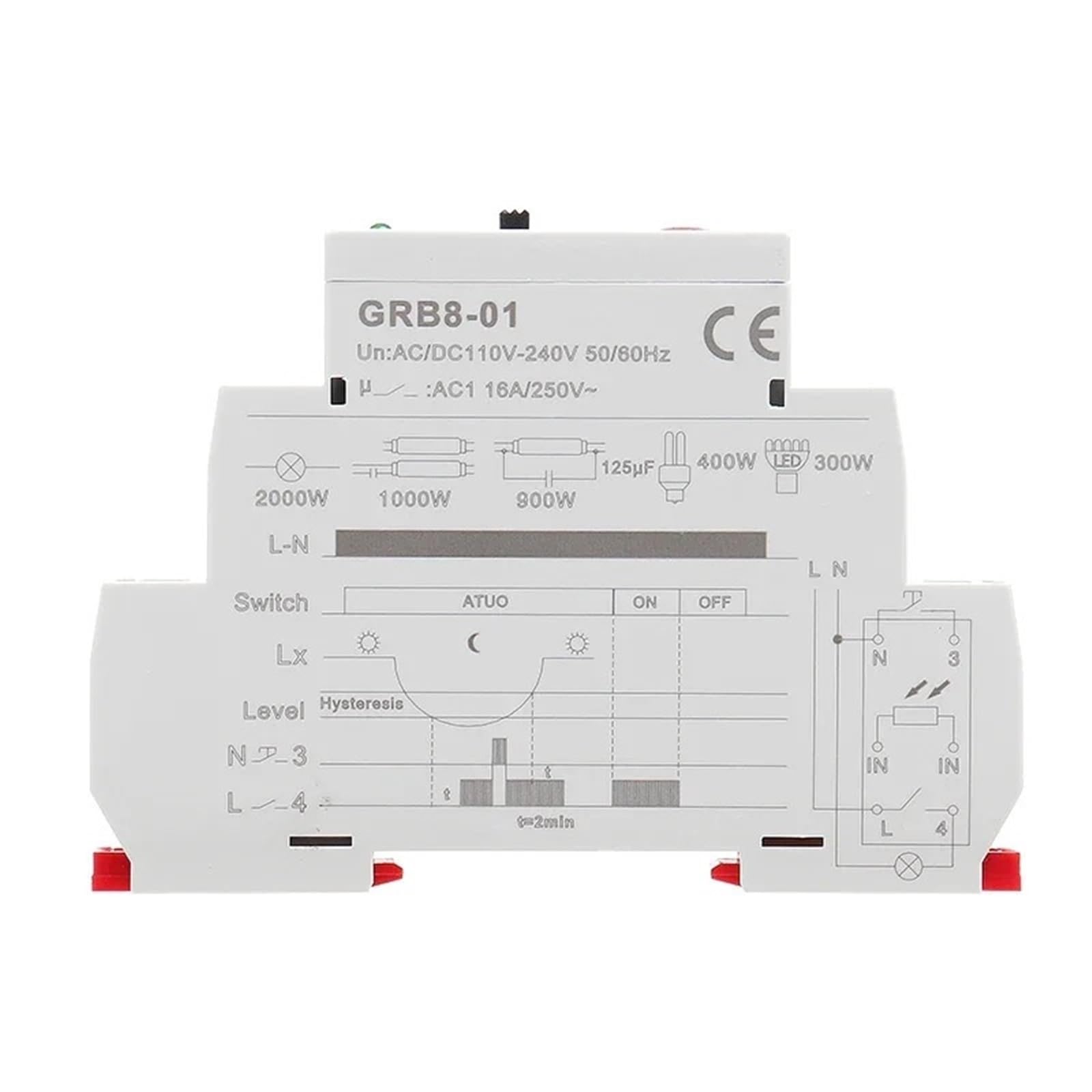 GRB8-01/02 Interruttore crepuscolare su guida DIN Relè fotoelettrico con sensore di luce e timer AC110V-240V Auto ON OFF(GRB8-02 AC110-240V)
