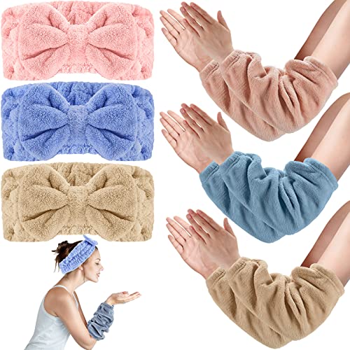 6 Pieces Microfiber Wrist Sleeve Wrist Face Spa Washband Face Washing Wristbands Wash Towel Band Wristbands 3 Pieces Spa Facial Headband Facial Makeup Headband, Facial Wash Set for Women Girls