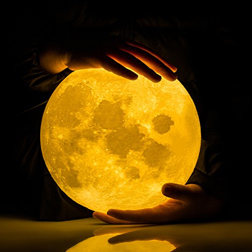 Extra Large!!! GPJOY 3D Moon Lamp Rechargeable Lunar Night Light Dimmable Touch Control Brightness Two Tone Home Decorative Lights Baby Night Light with Wooden Stand, Diameter 7.3 Inch