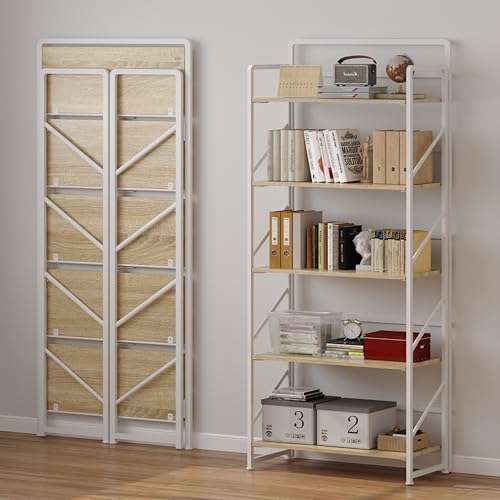 Image of JSB Folding Bookshelf,Industrial Storage Shelves, No Assembly Vintage Wood Look Bookshelf with Storage Shelves for Living Room, Bedroom, Office (White, 5-Tier)