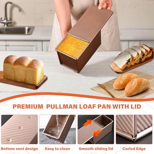 Image of Pullman Loaf Pan with Lid, 2 Pack 1 lb Dough Capacity for Homemade Bread, Non-stick Corrugated Carbon Steel Bread Toast Box with Cover for Bakeware, Sandwich & Toast Oven Baking, Gold