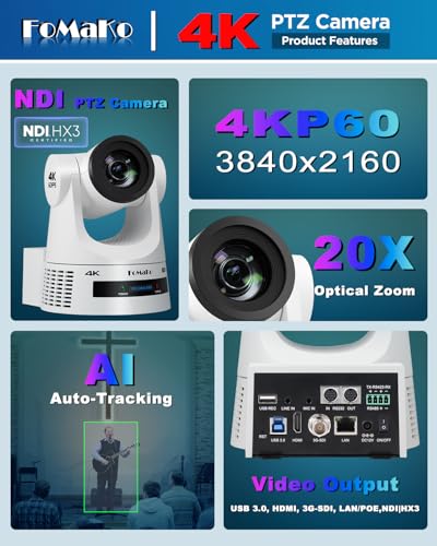 Image of FoMaKo K600NW 4K 60fps NDI PTZ Camera, NDI|HX3 4K 60fps Output,20X Optical Zoom,Gen 3 AI Auto-Tracking, 3G-SDI HDMI NDI USB PoE, for Church Worship & Live Streaming, White