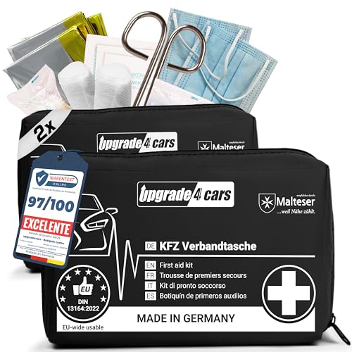 Upgrade4cars 2 x Botiquin de Primeros Auxilios para Coche, Casa, Viaje, Senderismo, etc. Bolsa Médica Completo 2025 Negro Caja Emergencia Portátil para toda Europa