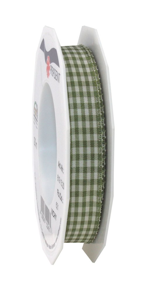 Präsent - Vichy Wired Ribbon Olive-Cream 15 mm Width, 20 m Length, Bordeaux-cream, 15 mm - 20 m