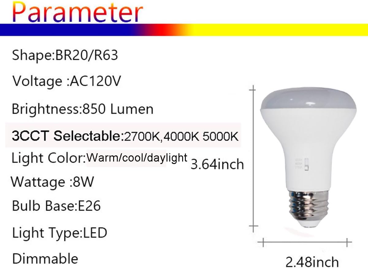 60W Equivalent BR20 LED Light Bulb, 3CCT 2700K/4000K/5000K Selectable Dimmable LED Light Bulb, 850lm, E26 Medium Base, 4-Pack Cool White 4000K