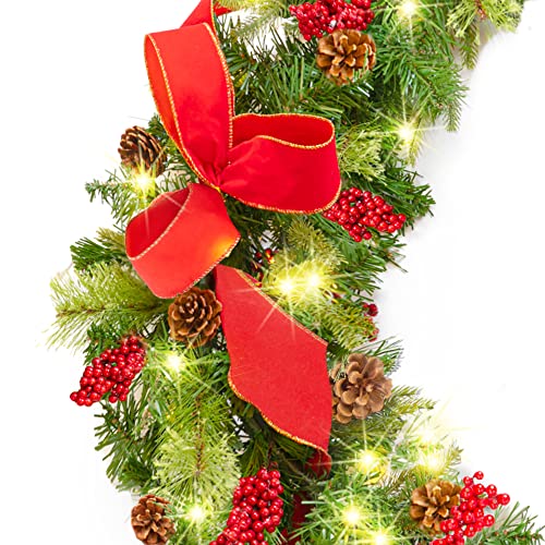 Best Choice Products 9ft Pre-Lit Christmas Garland, Battery Powered Accent Decoration for Fireplace, Mantel, Doorway w/ 100 Lights, 180 Tips, Ribbons, Berries, Pine Cones