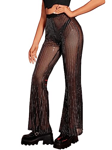 GORGLITTER Damen Transparent Schlaghose Kontrast Pailletten Mesh Lange...