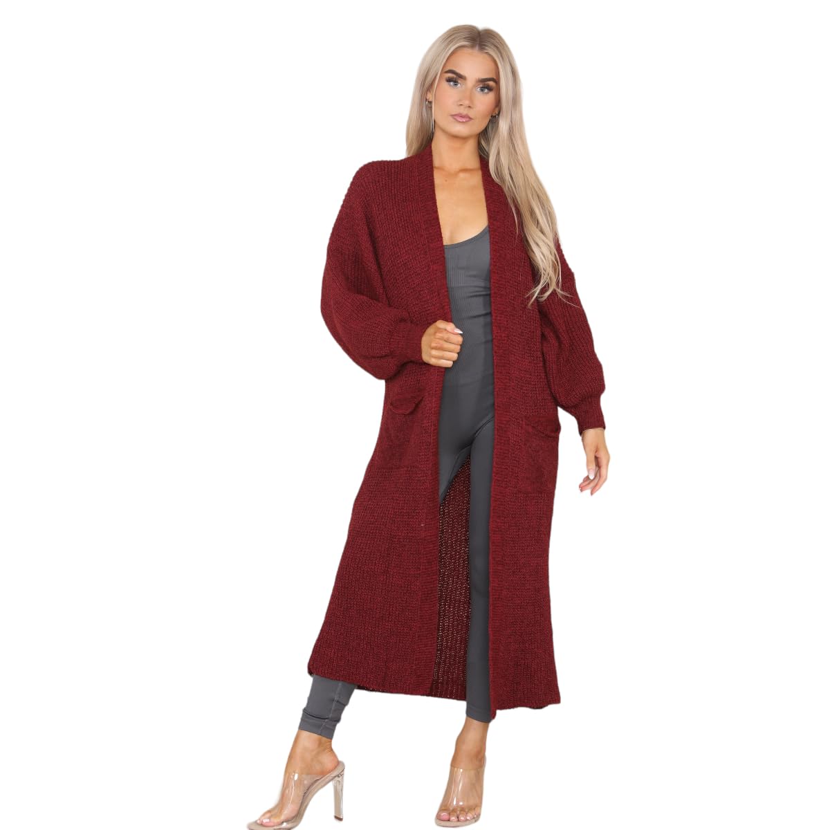 celebmodelook Womens Balloon Sleeve Cardigan Ladies Chunky Knitted Open Front Winter Oversized Long Maxi Cardigan Wine