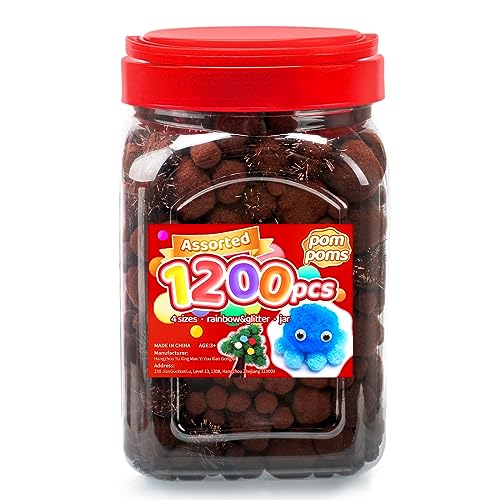 Image of Iooleem Brown Pom Poms, 1200pcs Assorted Size for Arts and Crafts, Balls With Wiggle Eyes in Jar, Glitter Pompoms, Craft Supplies